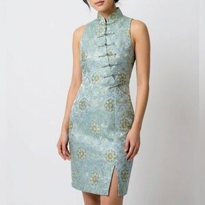 Vintage 90s Blue Floral Cheongsam Qipao Dress Fitted Sleeveless Lunar New Year